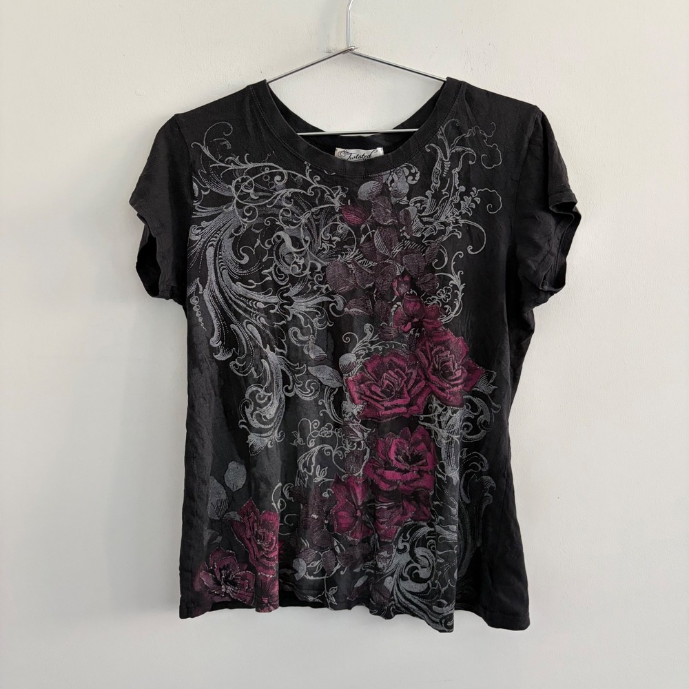 Twisted Courtesy Black Floral Graphic T-Shirt Y2K Goth XL JRMAYEX-07